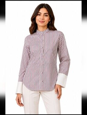 Victoria Beckham  Burgundy white striped Size 0 cotton shirt mandarin Collar #W8